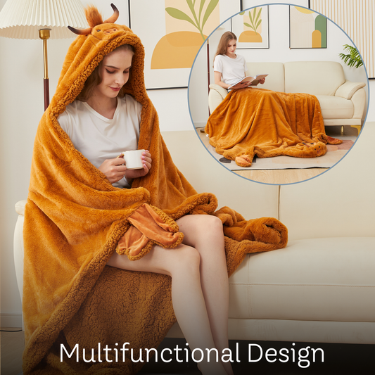 Super Soft Wearable Hooded Highland Cow Blanket