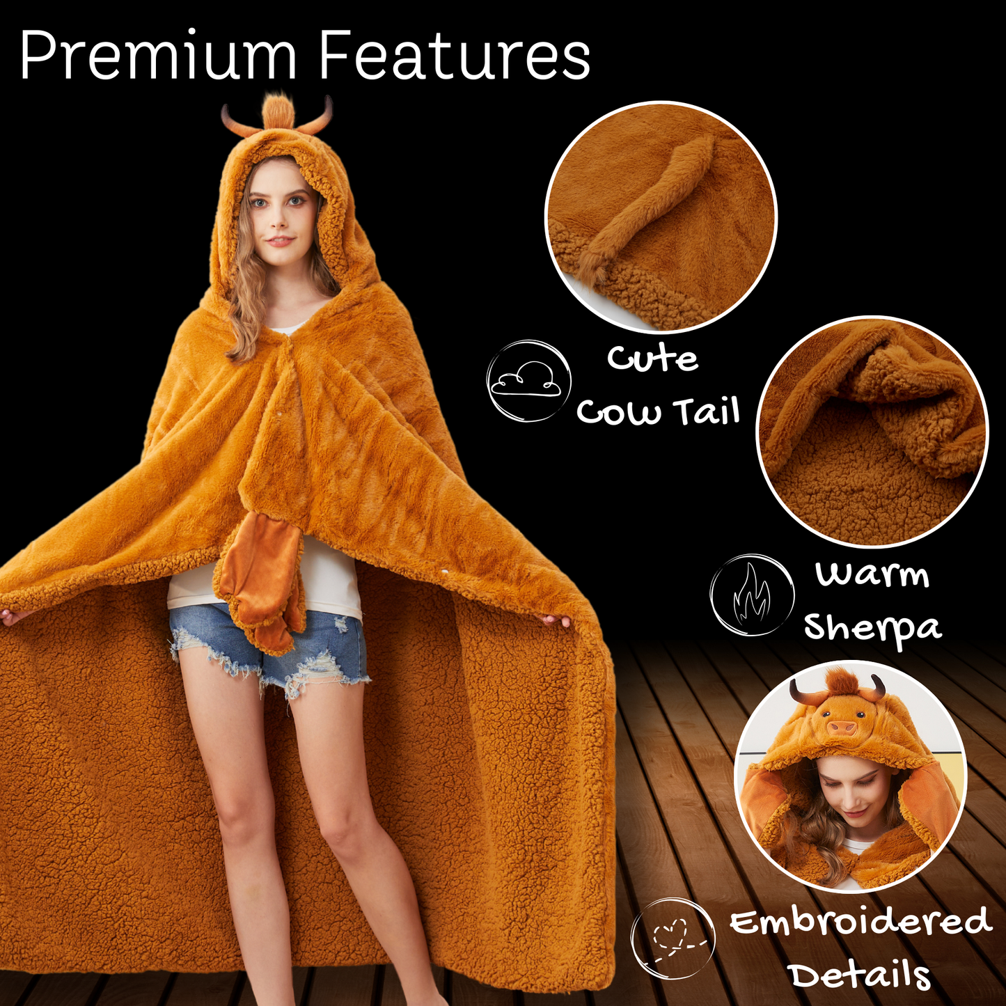 Super Soft Wearable Hooded Highland Cow Blanket