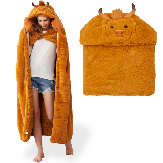 Super Soft Wearable Hooded Highland Cow Blanket